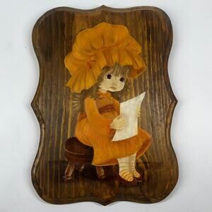 Vintage MCM Big Eye Little Girl Original Painting On Wood Plaque Signed 9x12”